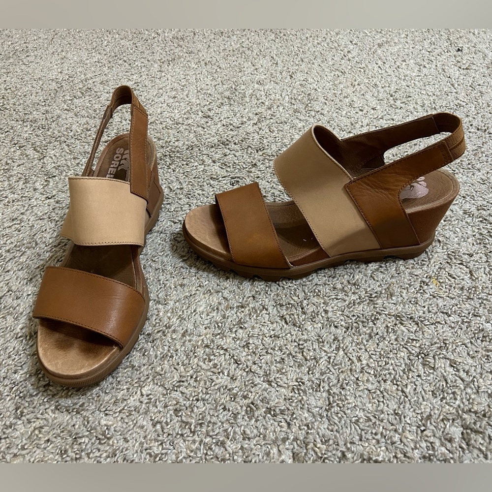 SOREL Women's JOANIE II Slingback Wedge Heel Tan/Brown Leather Sandals Size 10
